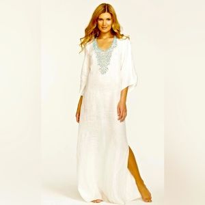 Calypso Linen Caftan. White with hand sewn turquoise beads. Greek goddess vibes